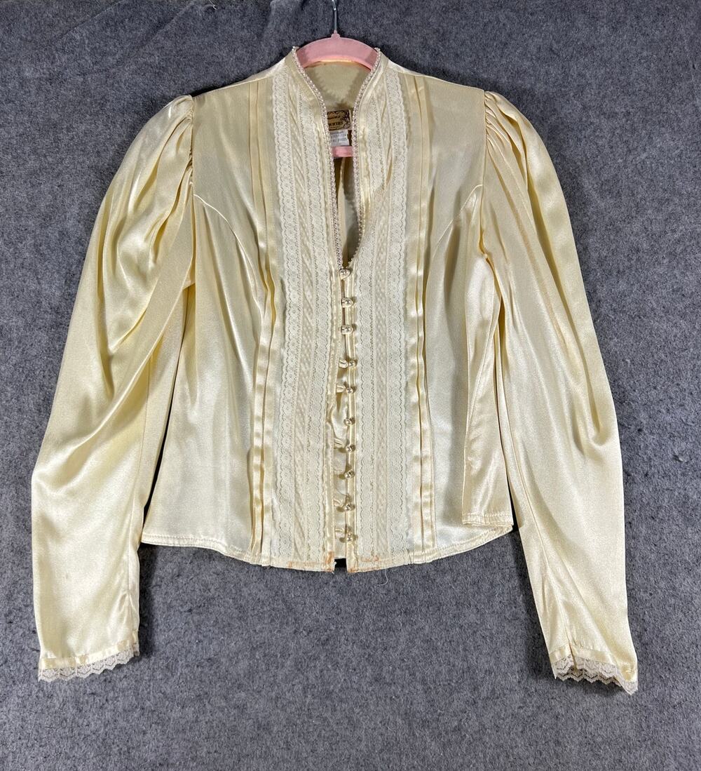 VTG 70s Jessicas Gunnies Top Juniors 9 Beige Satin Puff Victorian Prairie Blouse